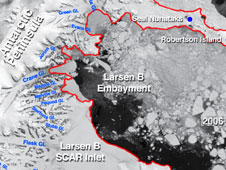 Location of the edges of ice shelves and glaciers in and around the Larsen B Embayment of Antarctica, in Spring 2006.