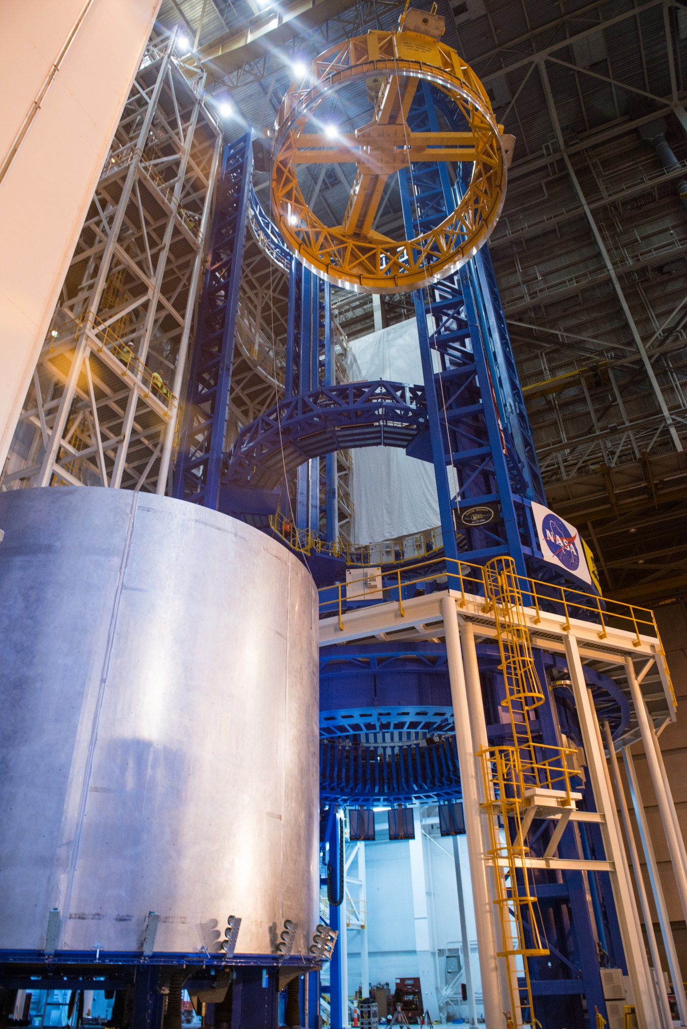 A ring and barrel recently loaded onto the Vertical Assembly Center at NASA?s Michoud Assembly Facility in New Orleans.