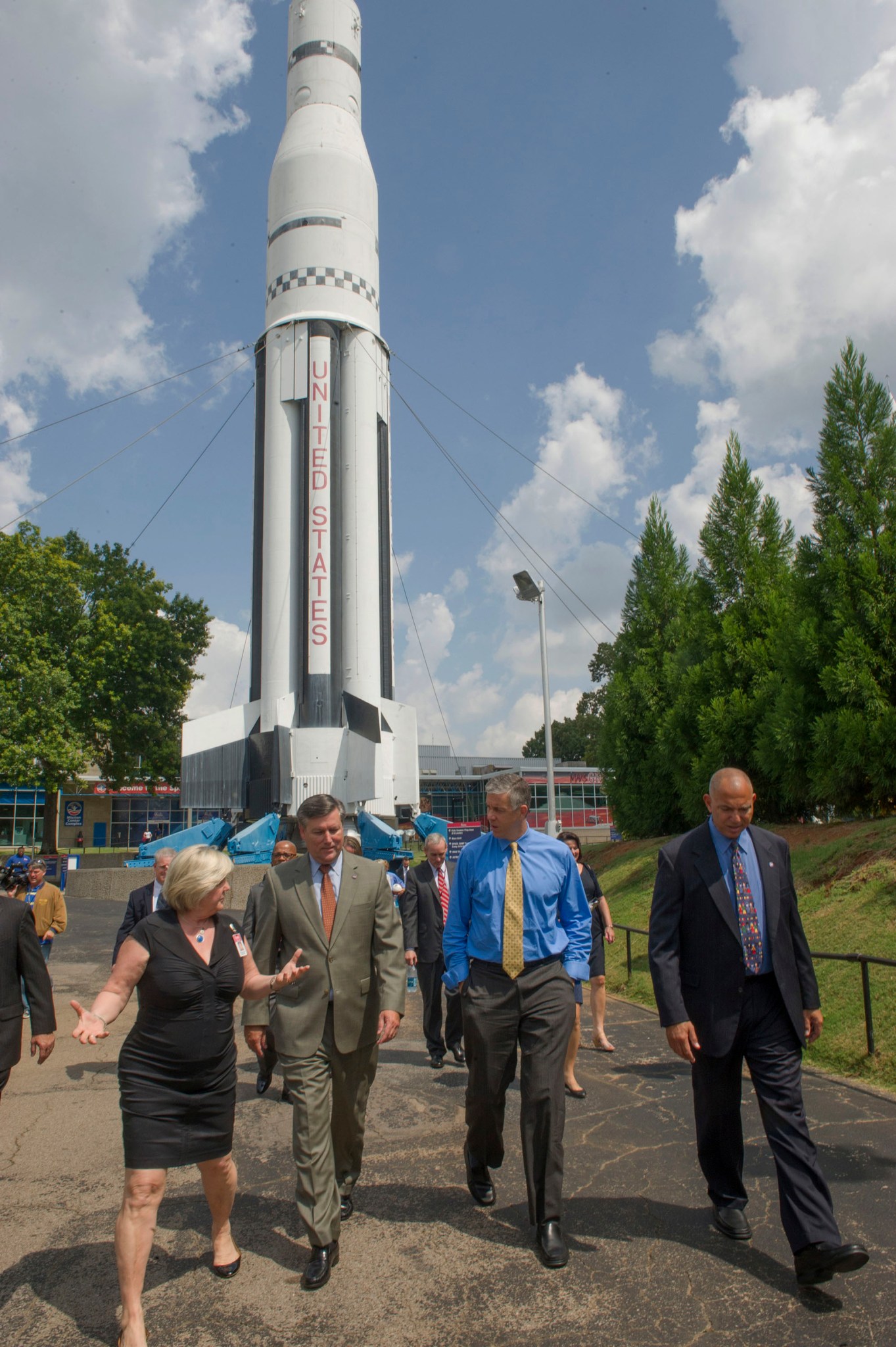From left, U.S. Space & Rocket Center CEO Dr. Deborah Barnhart and Marshall Center Director Patrick Scheuermann discuss NASA programs and initiatives.