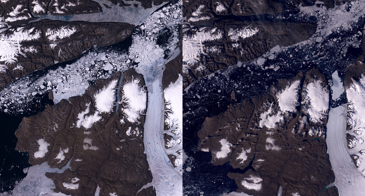 Two views of a glacier as seen from space