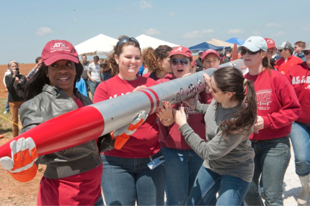 University students prepare their rocket for launch.