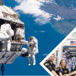 3 images in collage; first astronauts working on a large piece of hardware in space; second is 4 astronauts in dark blue coveralls with their hands in the center; third is an image of a cityscape at dusk with unidentified flying objects in the sky.