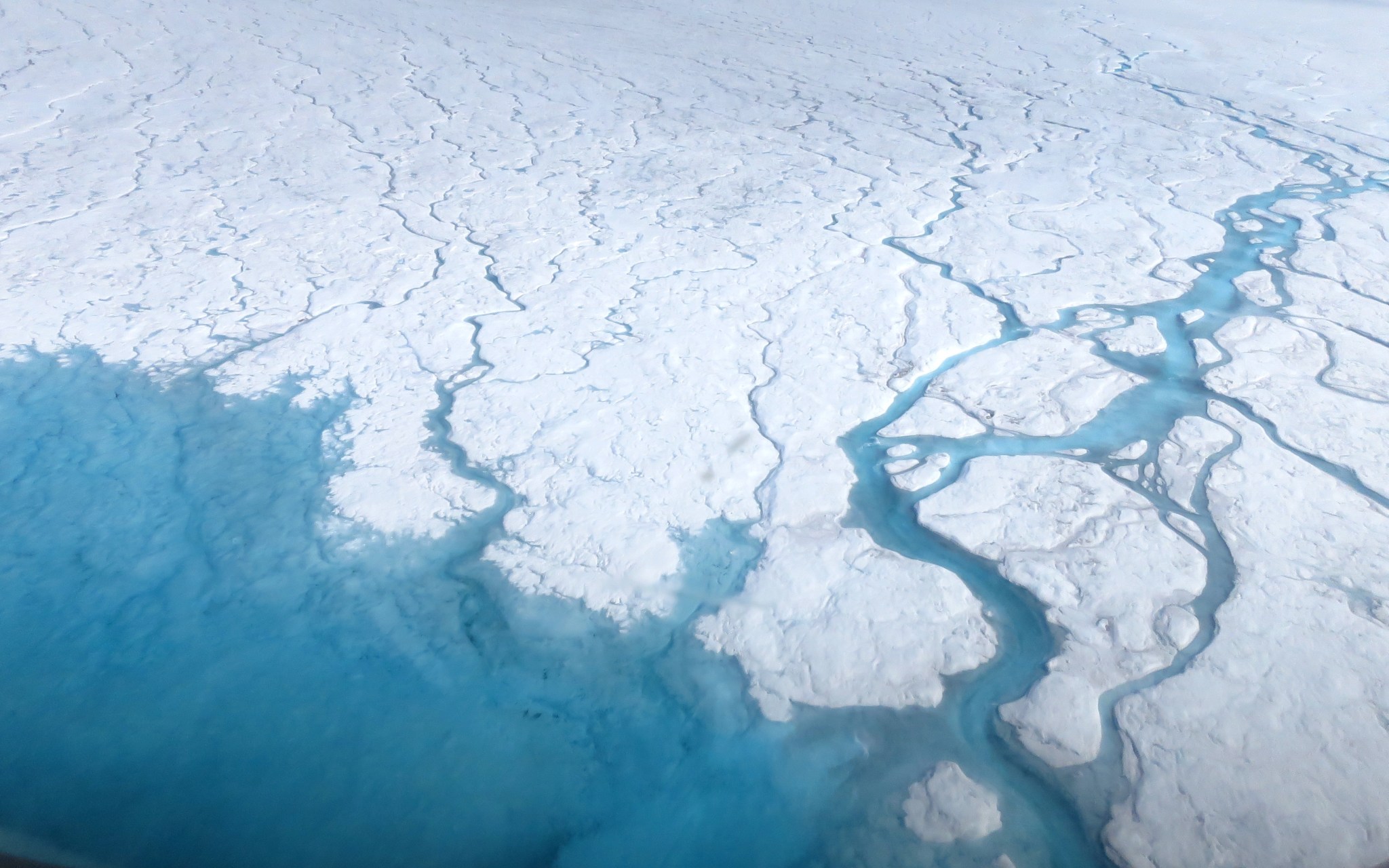 An aerial photo of a Greenland ice sheet, with smooth blue-white ice in the upper half of the image. The sea appears as a vivid turquoise body of water in the lower left, with rivers and rivulets of turquoise water extending inland across the ice, curving and winding up toward the upper right corner.