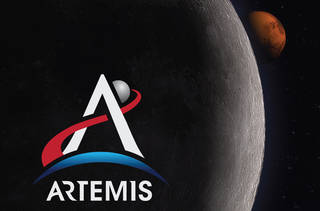 The symbol for the Artemis Program is a blue Earth with an A on top and a red swoosh that goes past the Moon toward Mars.