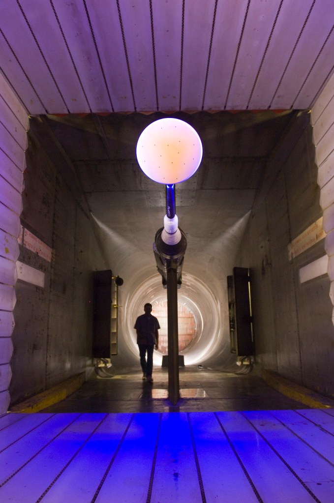 Scale Model of the Crew Launch Vehicle being tested in the 11-by 11-foot Transonic Wind Tunnel