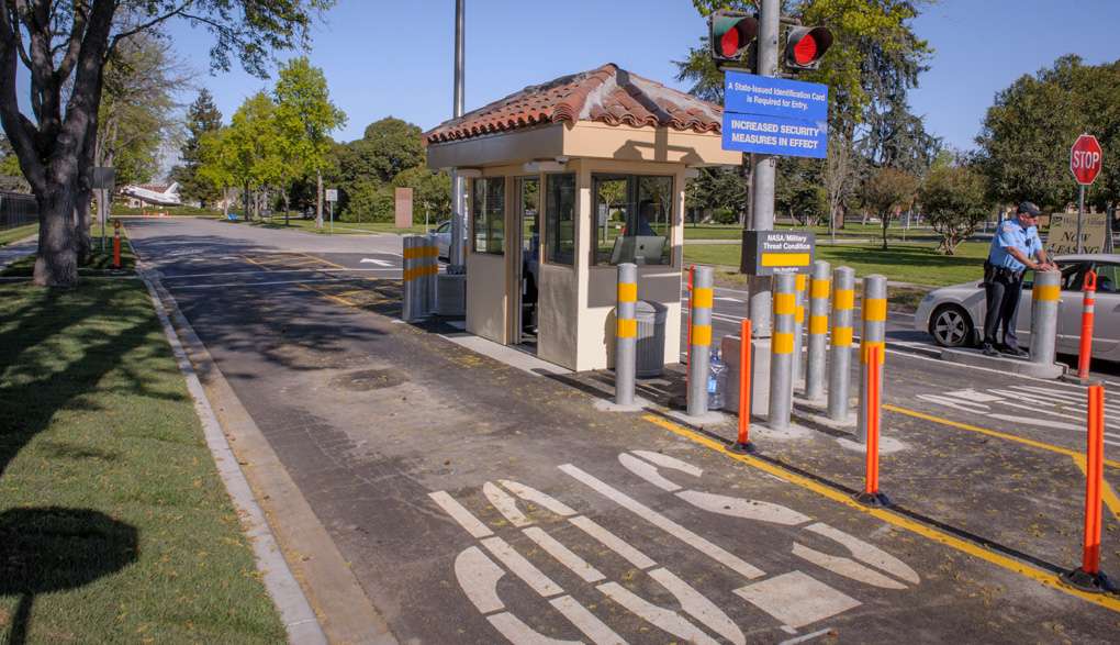 The main gate guard shack reopened April 4, 2016 and is farther east on Clark Road