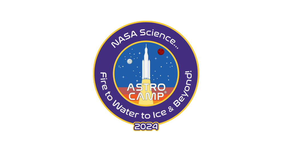 NASA ASTRO CAMP® Community Partners (ACCP) Program logo for 2024 is a purple circle with a white silhouette of a rocket in the center