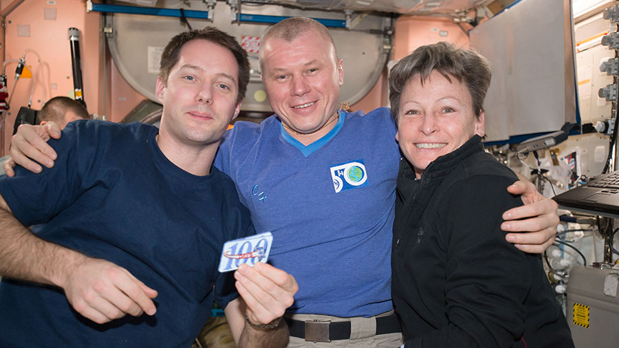 Thomas Pesquet, Oleg Novitskiy and Peggy Whitson