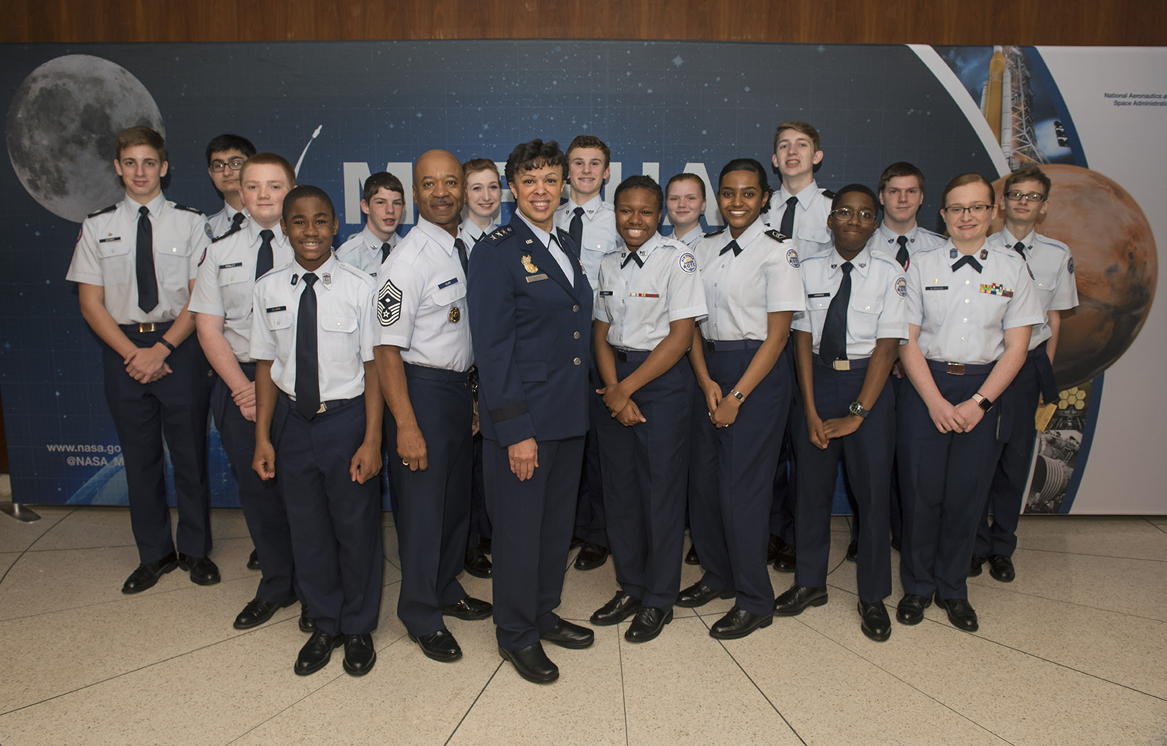 Lt. Gen. Stayce Harris, center, stopped to speak with a group of Junior Reserve Officer Training Corps cadets.