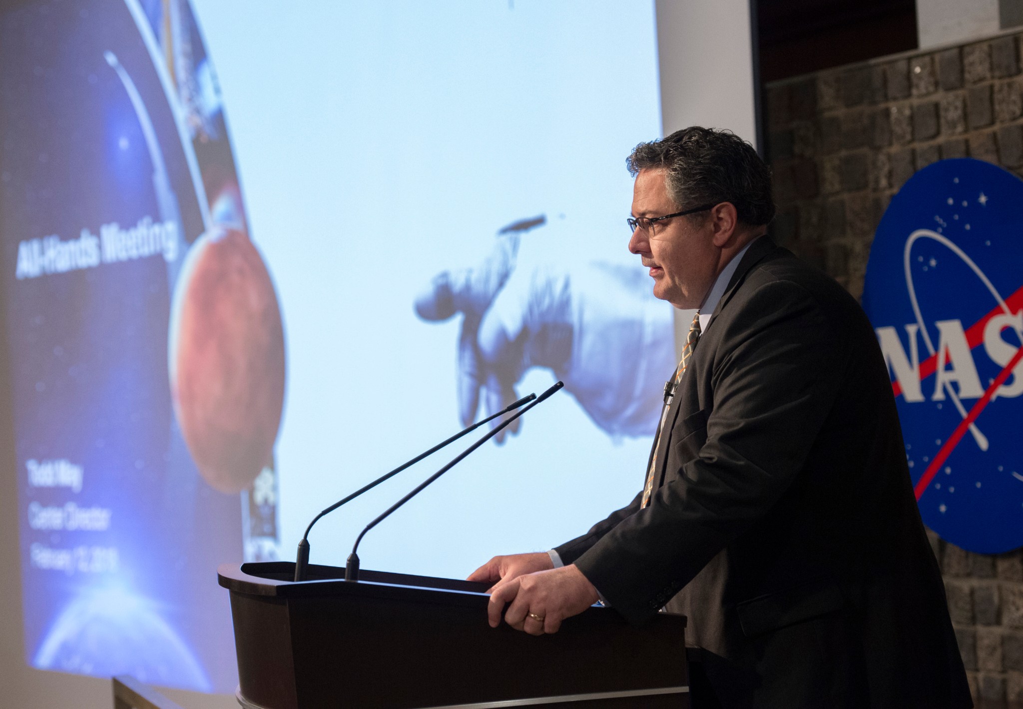 Marshall Center Director Todd May addresses the workforce Feb. 12, discussing the president's fiscal year 2019 budget proposal.