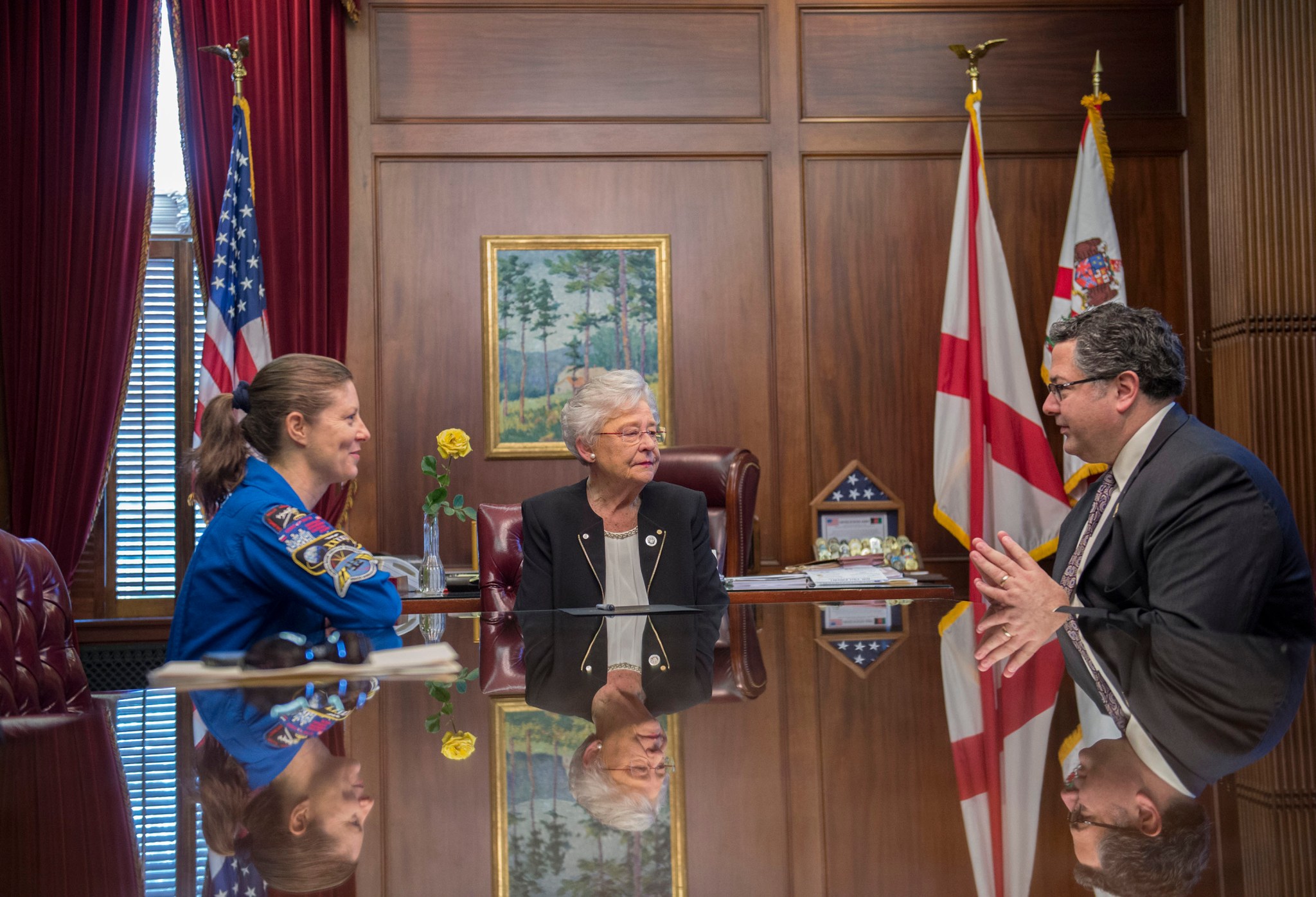 NASA astronaut Tracy Dyson, left, Alabama Gov. Kay Ivey and Marshall Space Flight Center Director Todd May.