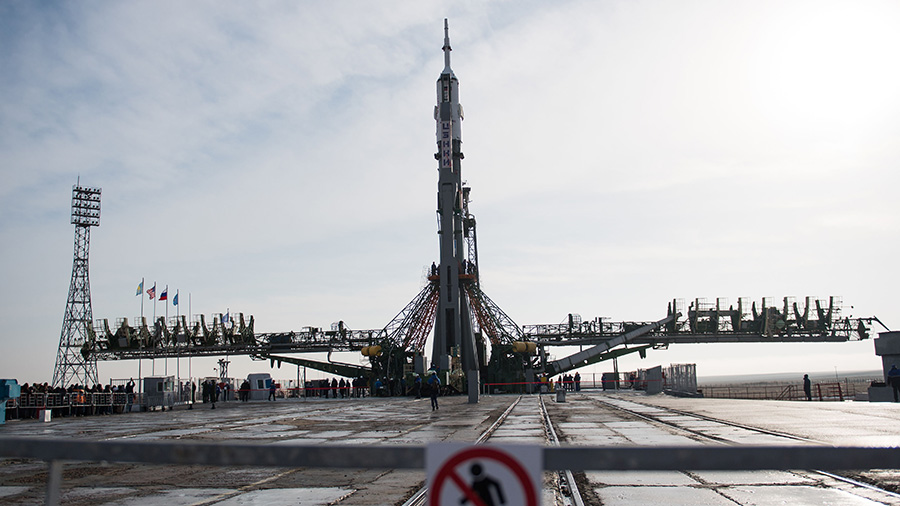 The Soyuz rocket is raised into a vertical position