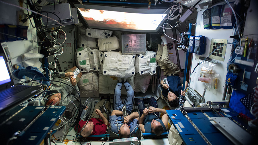 NASA astronaut Scott Tingle works with the Microgravity Science Glovebox