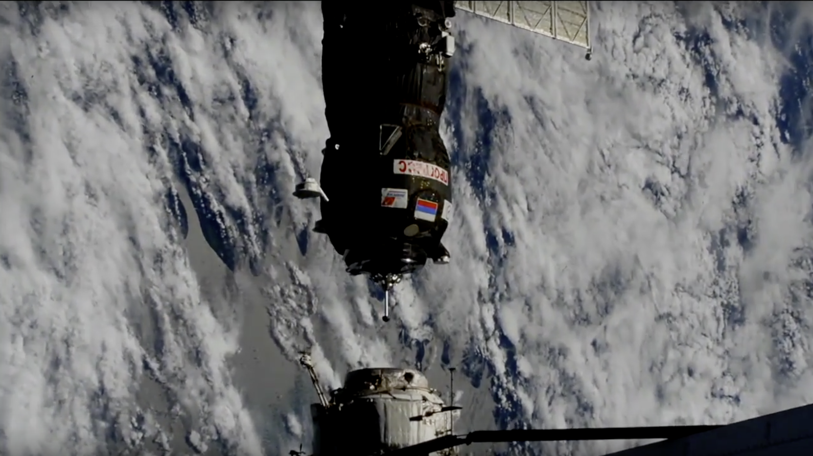 The Progress 70 cargo craft moments before docking to the Pirs Docking Compartment on the International Space Station.