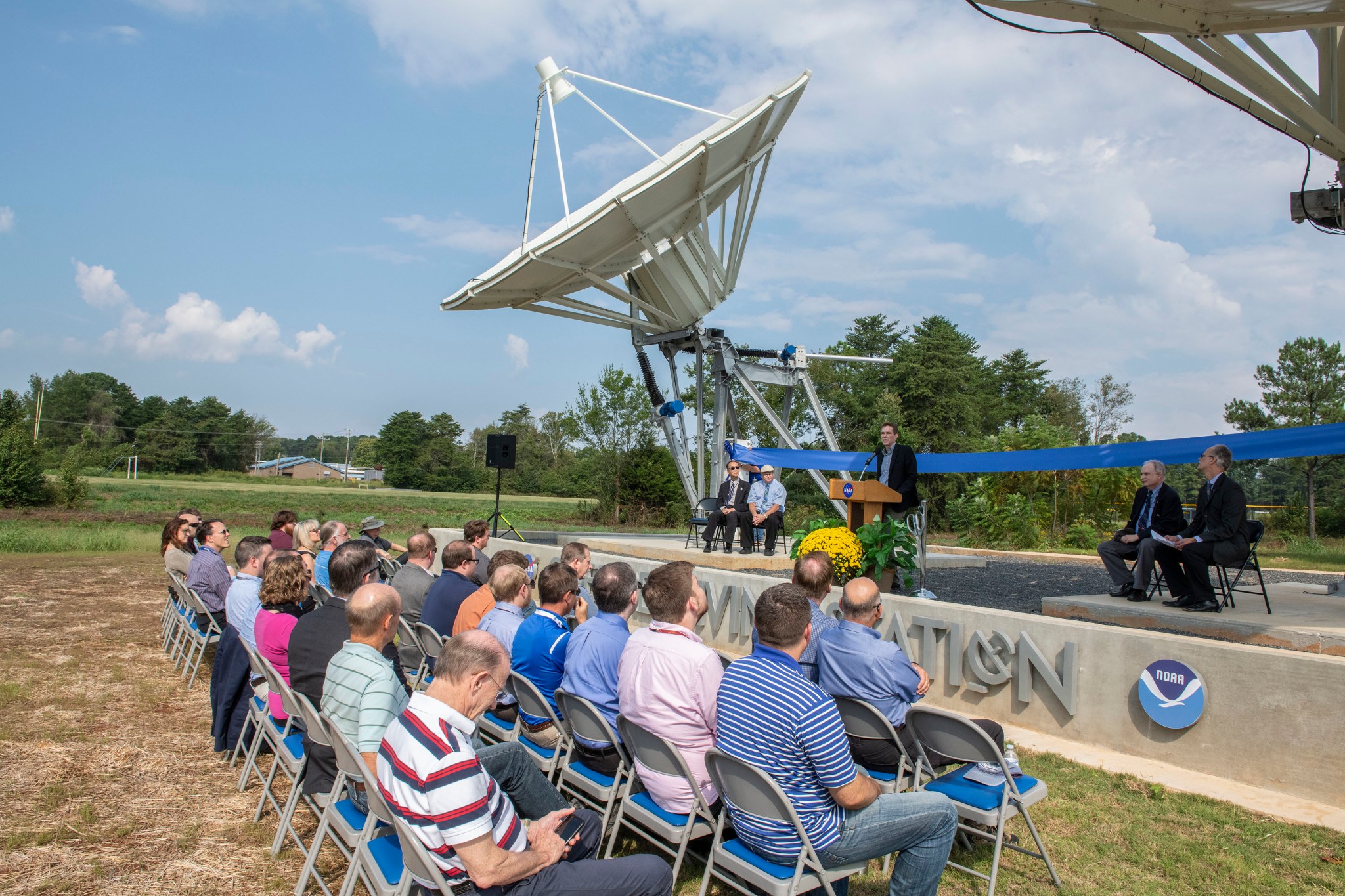 Paul McConnaughey speaks at the ribbon cutting of the GOES-R Satellite Receiving Station at Marshall on Sept. 21. 