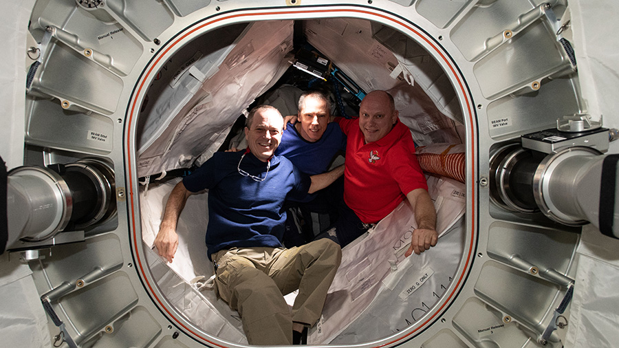 Expedition 55/56 crew members inside BEAM