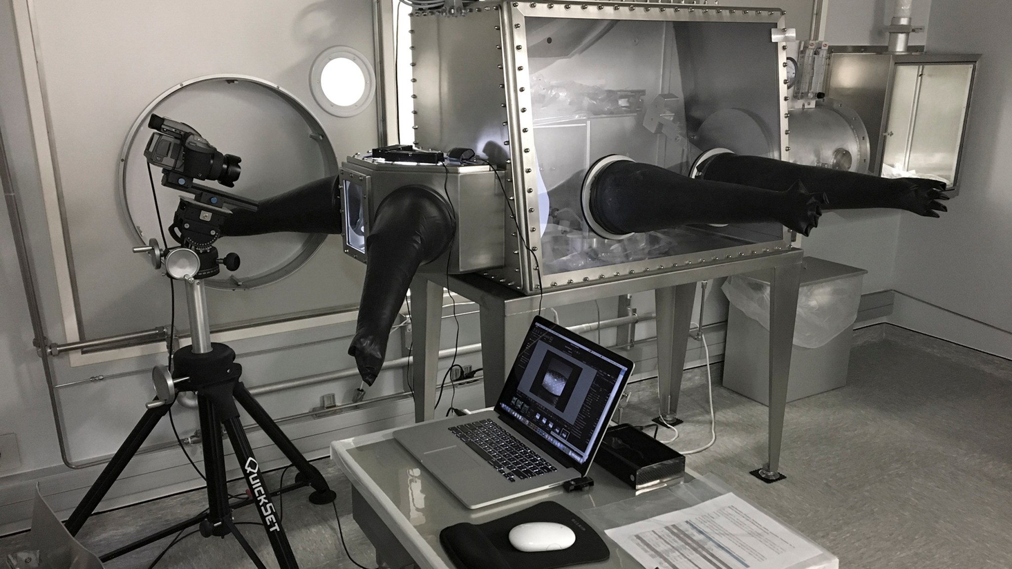 High-resolution precision photography setup in the Lunar Laboratory at Johnson Space Center where Blumenfeld images the Apollo lunar samples for the 3D reconstructions of the rock’s exterior.