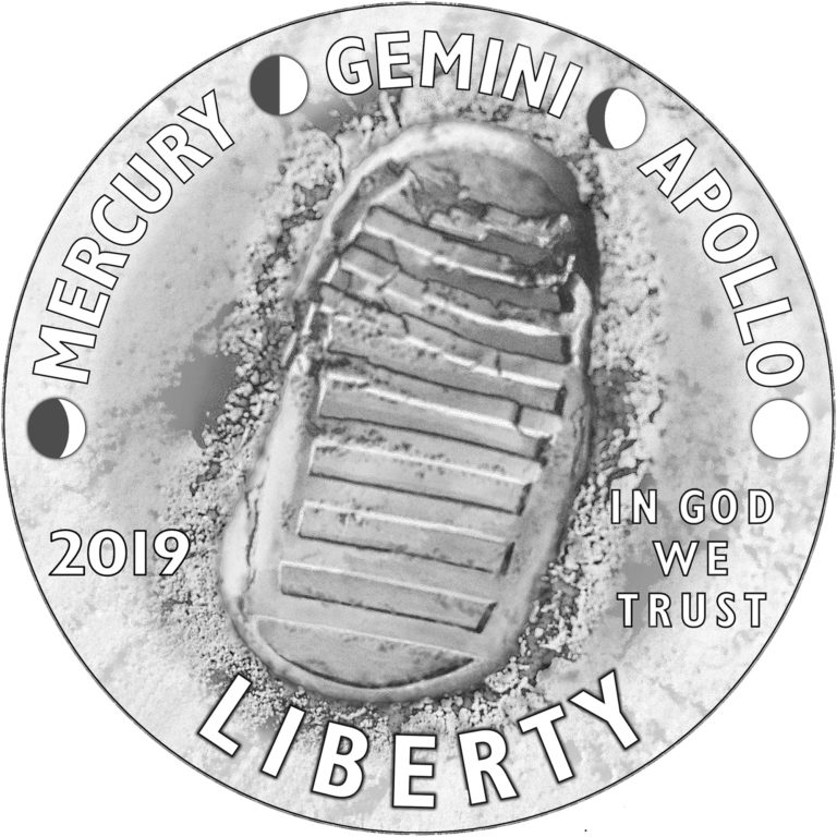 The forward-facing design of the Apollo 11 50th Anniversary Commemorative Coin.