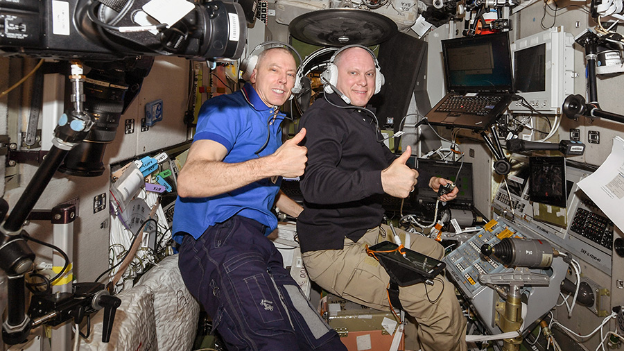 Expedition 56 crew members Drew Feustel and Oleg Artemyev