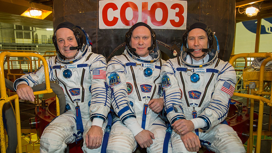 Expedition 55-56 crew members Ricky Arnold, Oleg Artemyev and Drew Feustel