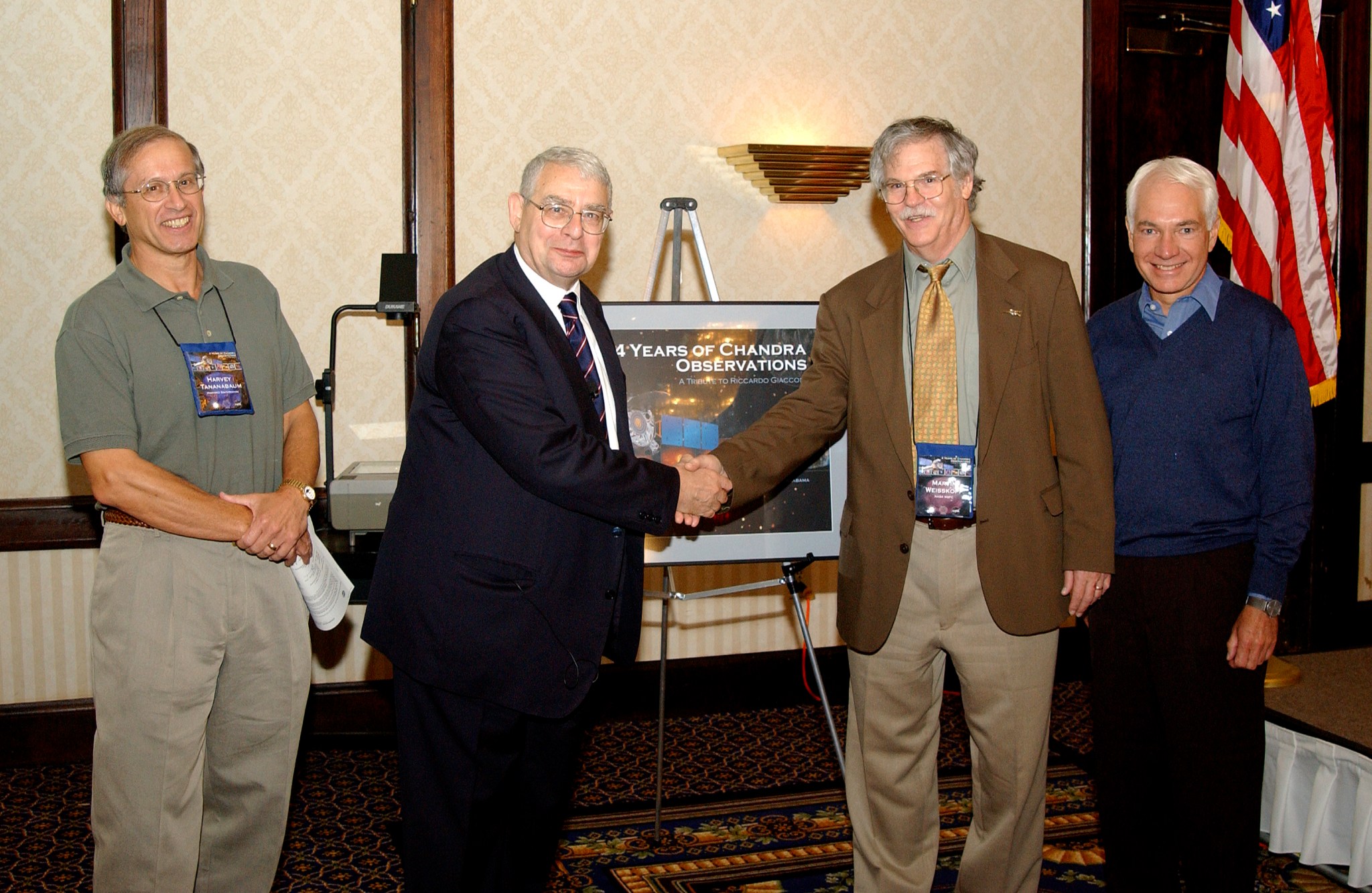 Riccardo Giacconi, second from left, during a tribute to Giacconi in Huntsville.