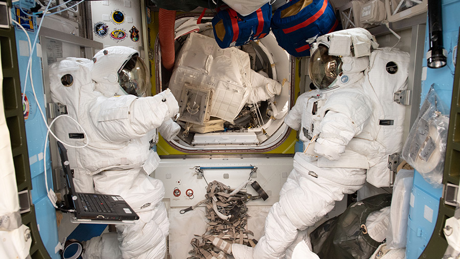 A pair of U.S. spacesuits