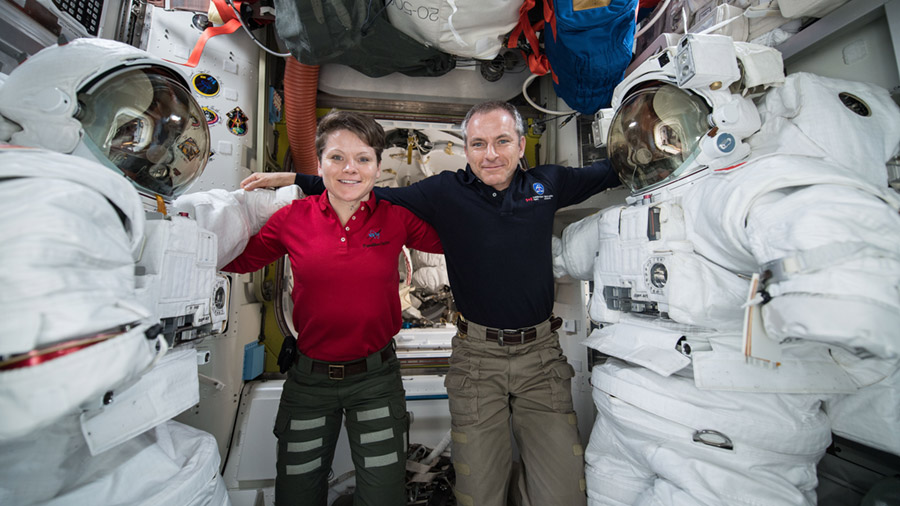 Astronauts (from left) Anne McClain and David Saint Jacques