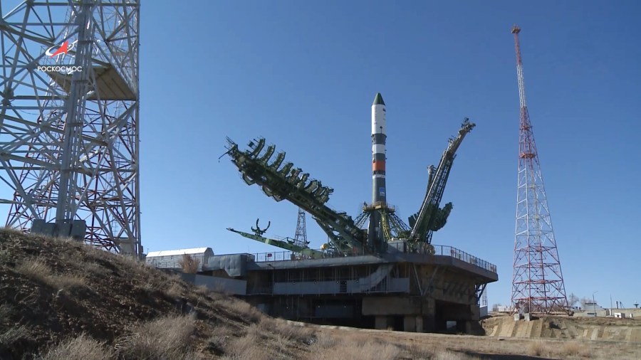 The Progress 72 resupply ship stands at its launch pad