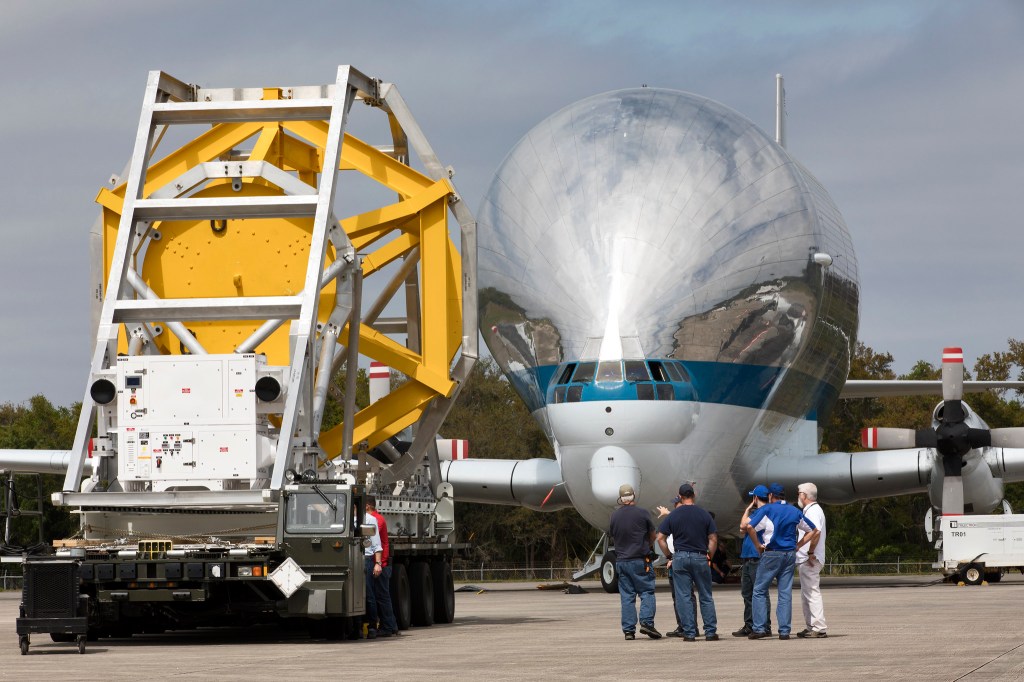 Fit check of the Orion Crew and Service Module Horizontal Transporter with NASA's Super Guppy aircraft began March 12, 2019.