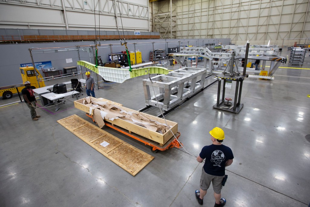 The first part of the X-59 is lifted to make its way to the tooling structure for final assembly in Palmdale, California.