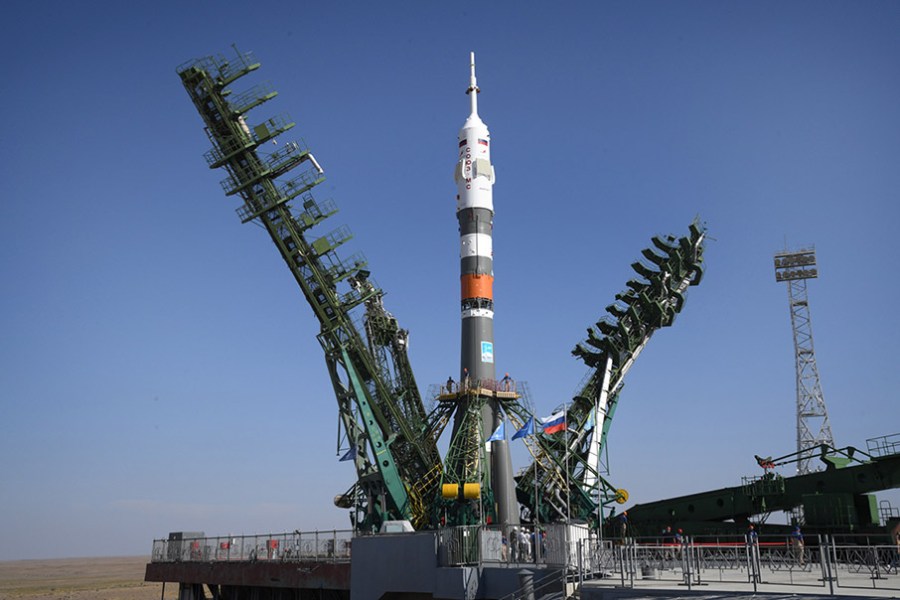 The Soyuz MS-14 spacecraft stands at its launch pad