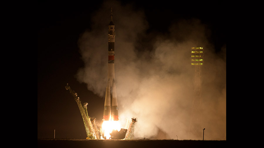 The Soyuz MS-15 rocket blasts off from Kazakhstan