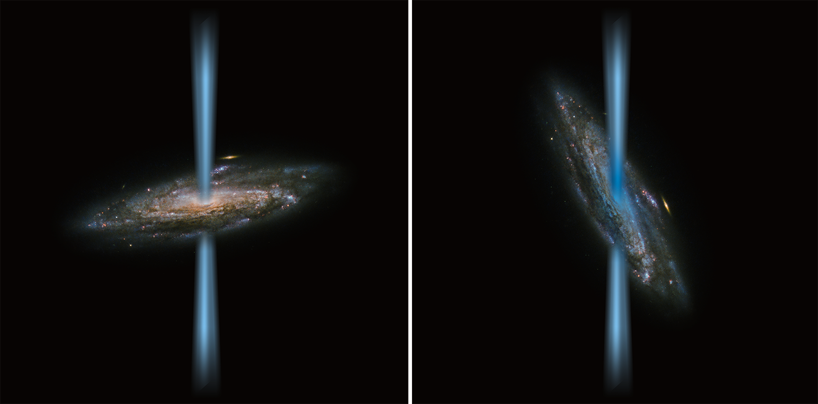 Illustration of a black hole's jet that is perpendicular to the host galaxy compared to one launching directly into the galaxy.