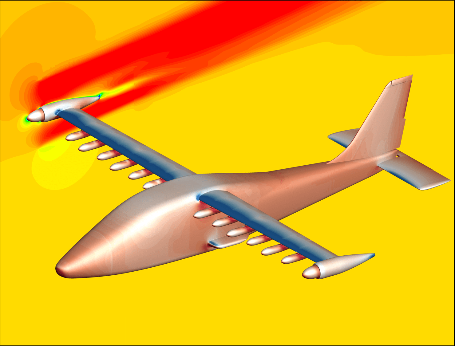 This image from a supercomputing simulation shows the aerodynamic effects of the 14 propellers on NASA’s X-57 electric experimental aircraft