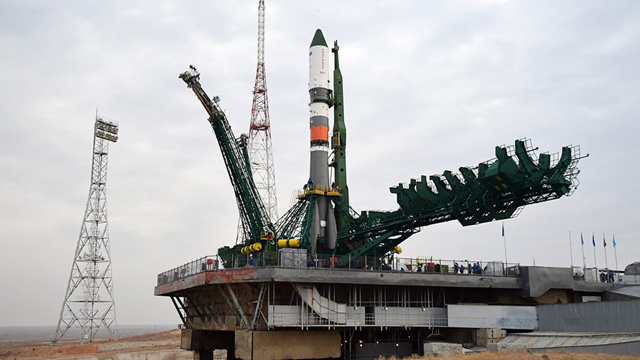 Russia's Progress 74 cargo rocket stands at its launch pad