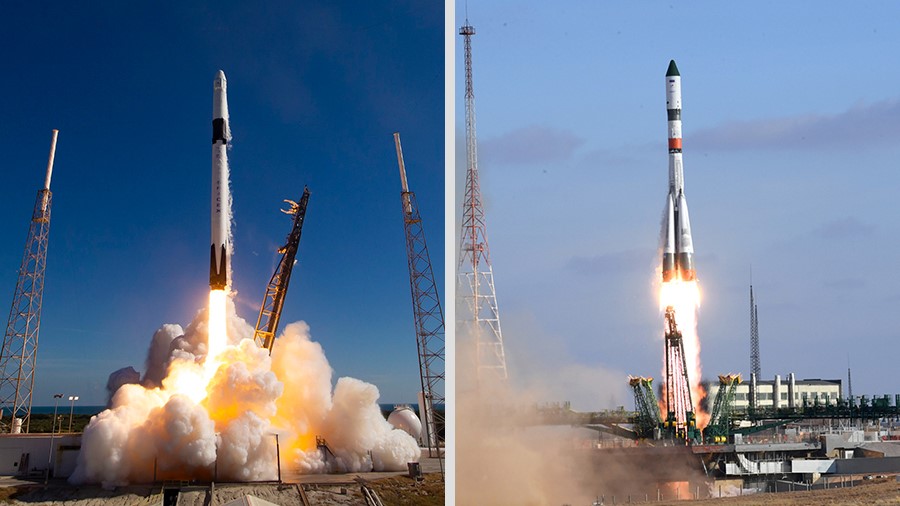 The SpaceX Dragon space freighter and Russia's Progress 74 resupply ship blast off to resupply the space station