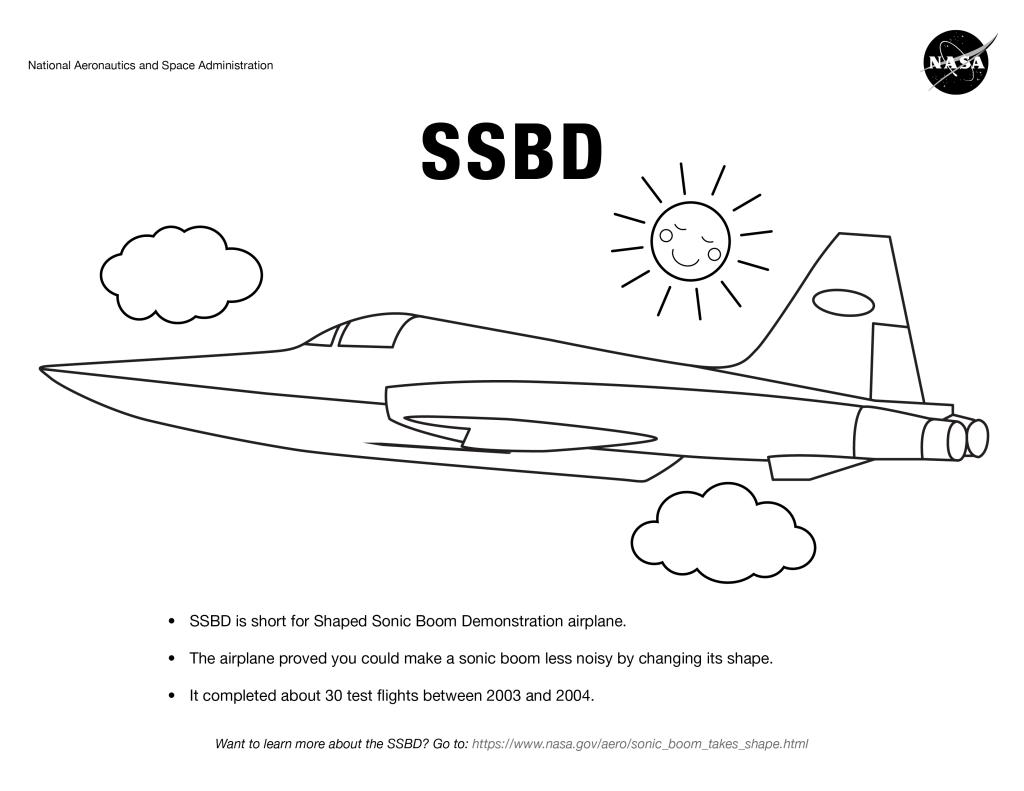 SSBD coloring page in flight among clouds and a sun.