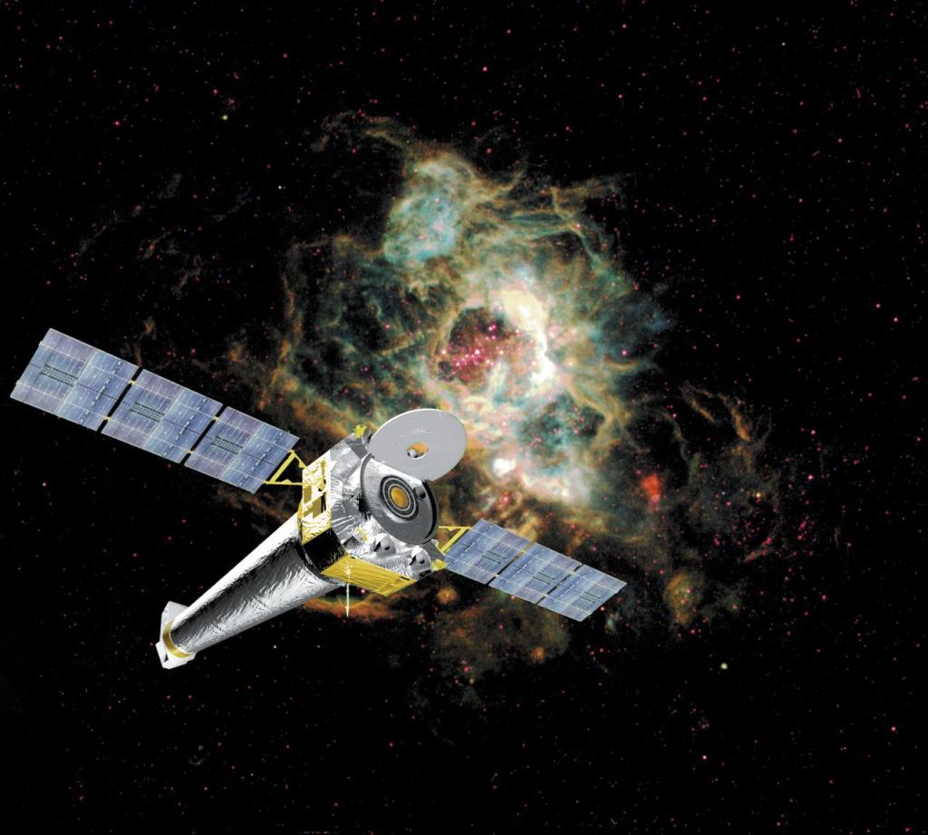An artist’s illustration depicting NASA’s Chandra X-ray Observatory in flight, with a vivid star field behind it. Chandra’s solar panels are deployed and its camera “eye” open on the cosmos.