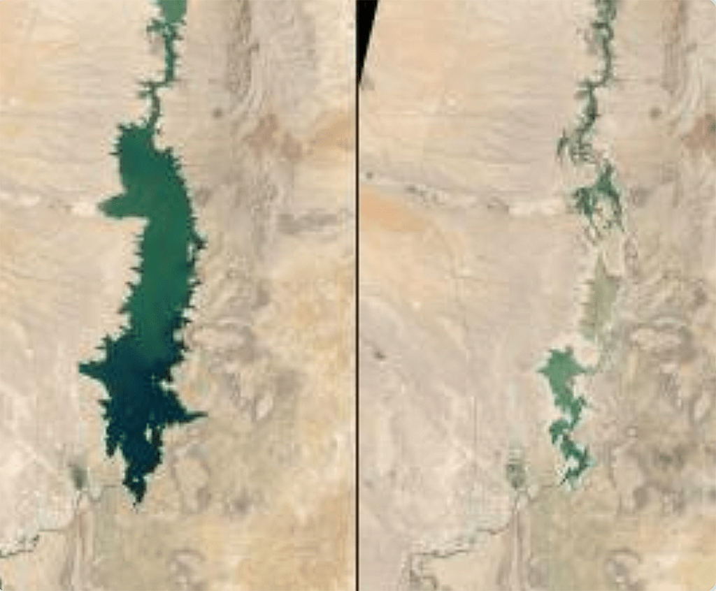 Satellite photographs of a lake drying up over time