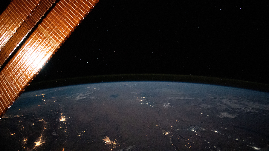 This nighttime photograph from the station looks north across Turkmenistan and Uzbekistan.