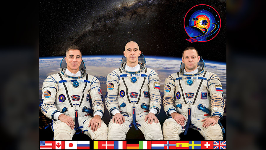 The three-member Expedition 63 crew aboard the International Space Station