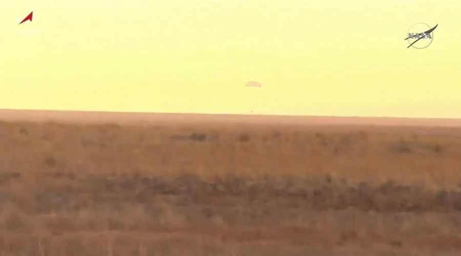 The Soyuz MS-16 spacecraft is seen as it lands in Kazakhstan with Expedition 63 crew.