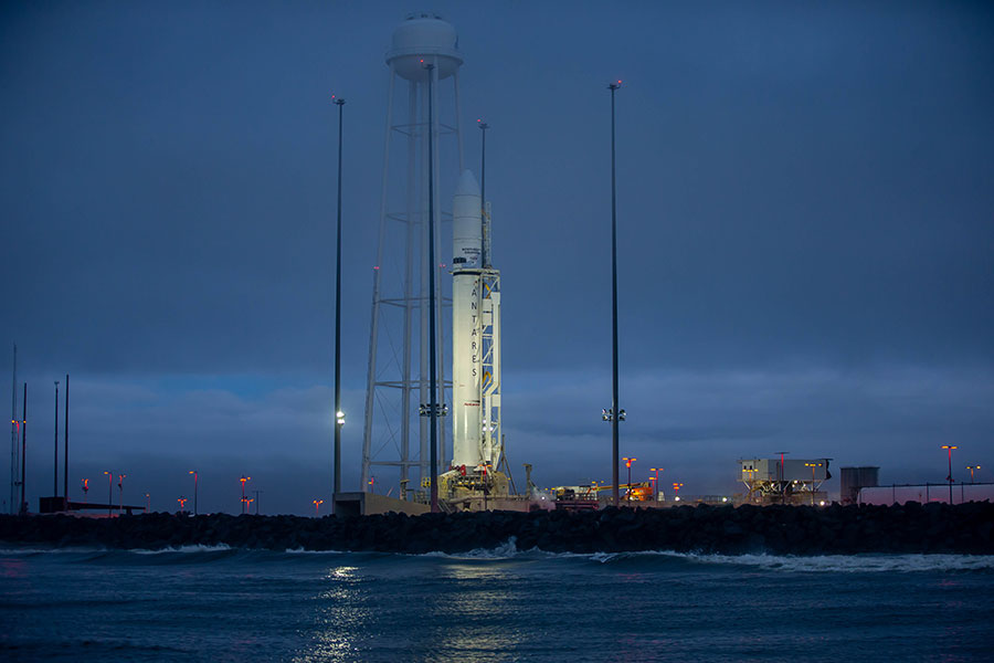 Northrop Grumman's Antares rocket, with the Cygnus space feighter atop, stands at its launch pad at NASA's Wallops Flight Facility ion Virginia.