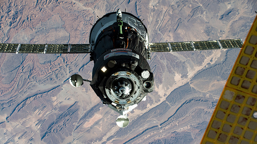 The Soyuz MS-17 spacecraft, with the Expedition 64 crew inside, approaches the space station for a docking on Oct. 14.