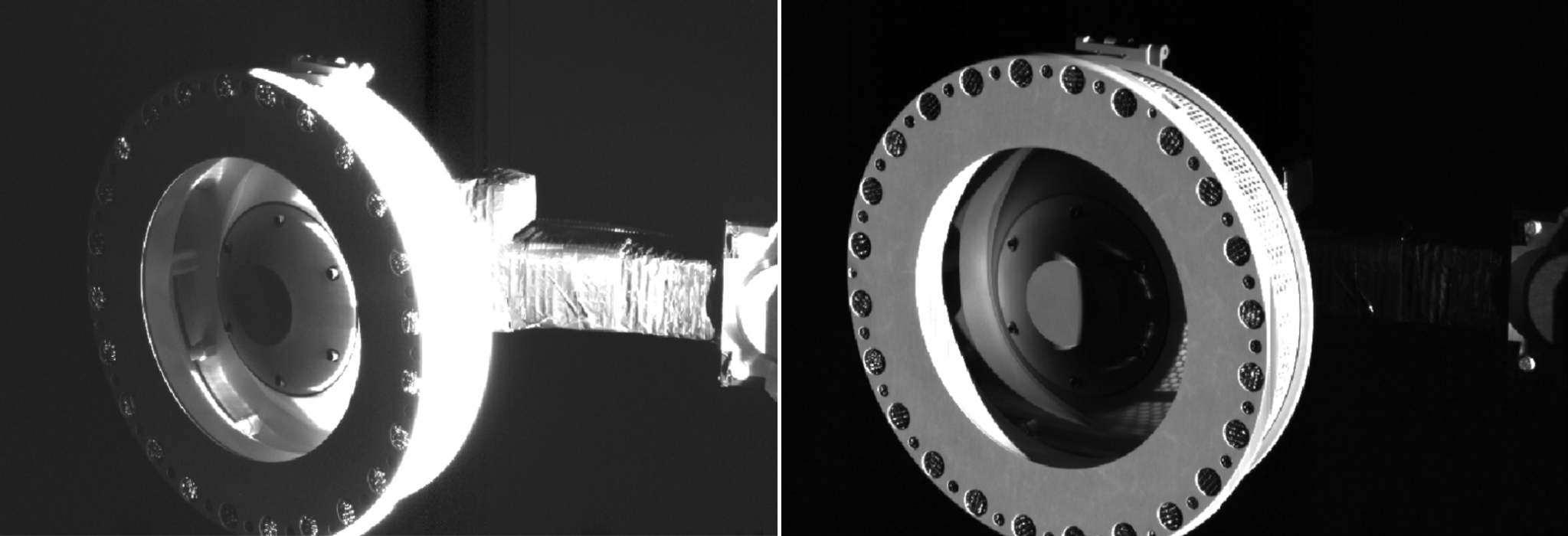 These images show the OSIRIS-REx Touch-and-Go Sample Acquisition Mechanism (TAGSAM) sampling head extended from the spacecraft