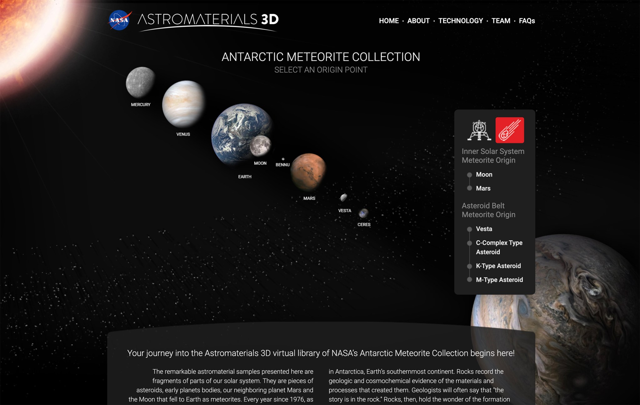 Screenshot of the Antarctic Meteorite Collection homepage displaying view of the inner solar system