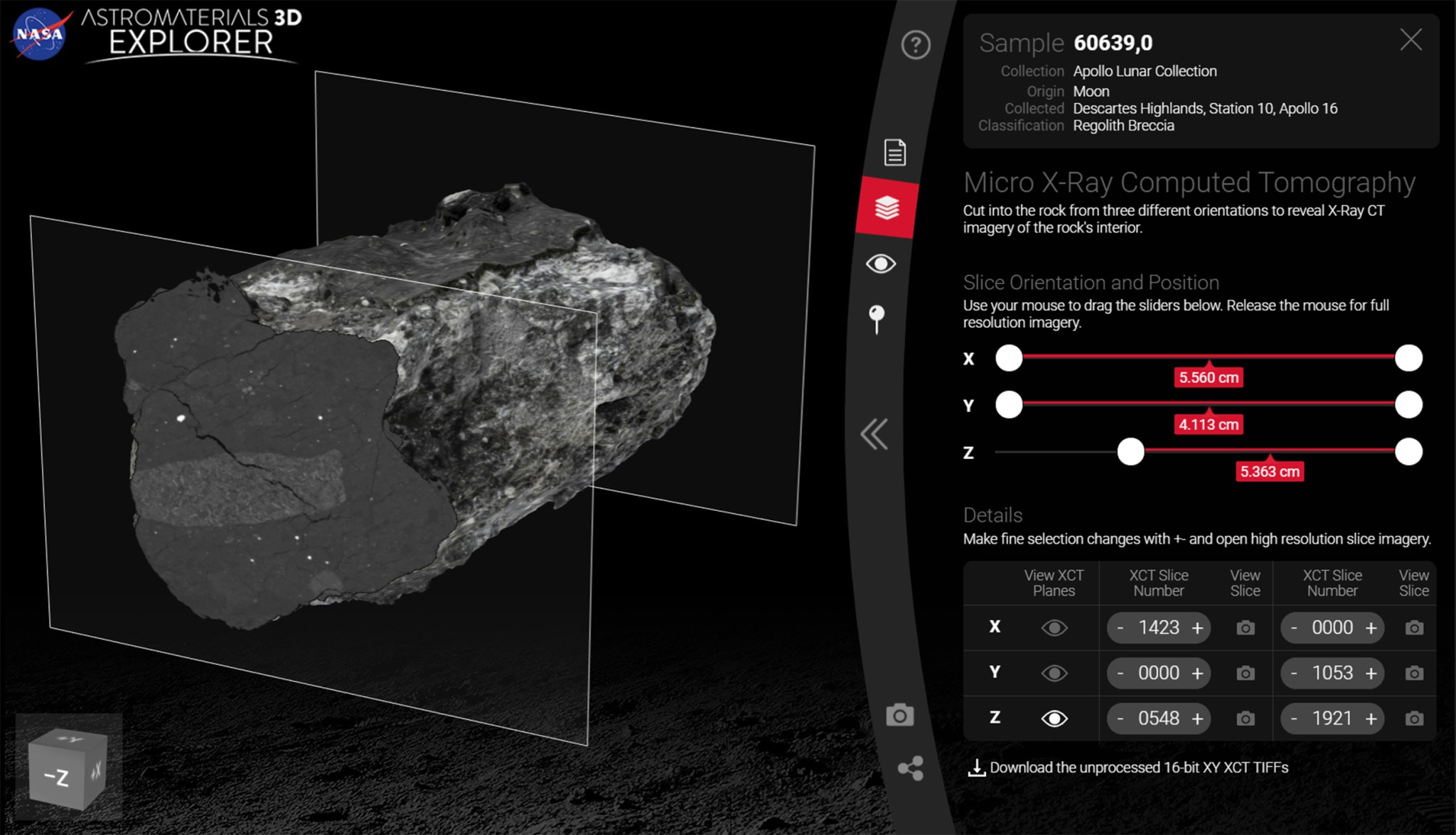 A view of Lunar Sample 60639,0 in the Astromaterials 3D Explorer application looking into its interior.