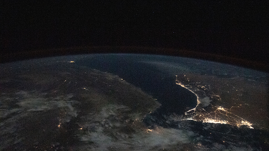 This image from International Space Station as it was flying 261 miles over Iran looks southeast across the Persian Gulf and the Gulf of Oman.