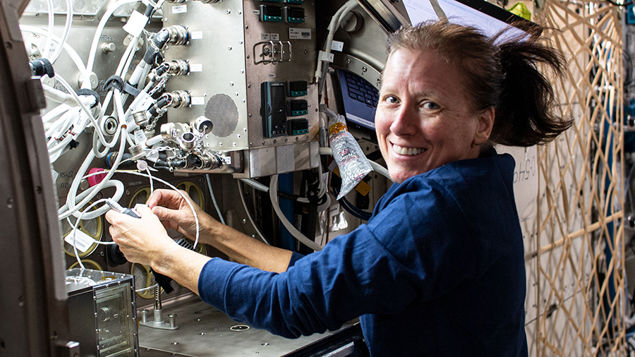 NASA astronaut Shannon Walker sets up hardware inside the Microgravity Science Glovebox for an experiment to learn more about the process of semiconductor crystal growth to benefit Earth and space industries.