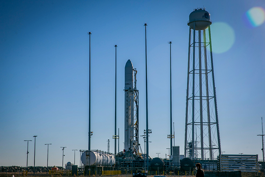 Northrop Grumman's Cygnus space freighter sits atop the Antares rocket at the Wallops Flight Facility launch pad in Virginia. Credit: NASA/Patrick BLack